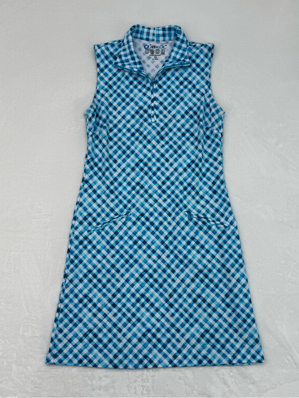 IBKUL Women's XS Gingham Check Print Sleeveless Zip Mock Dress Blue
